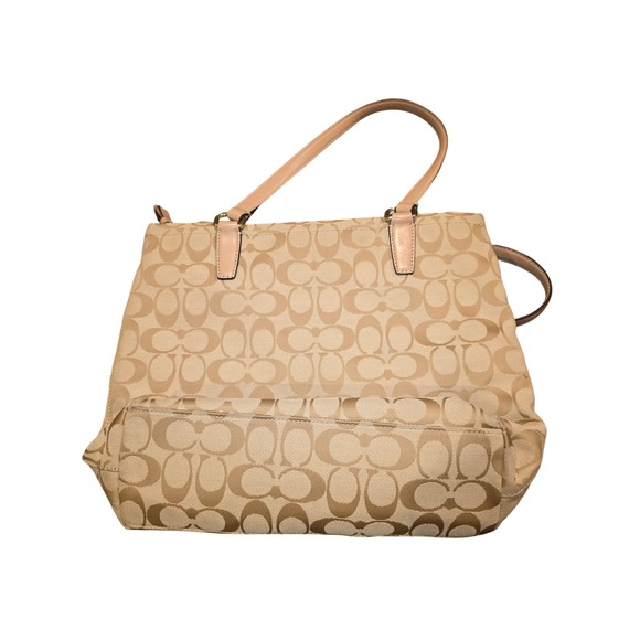 Coach Signature Stripe Tote Bag Khaki Tan Teal Glitter Canvas F28504 clean - Picture 2 of 7